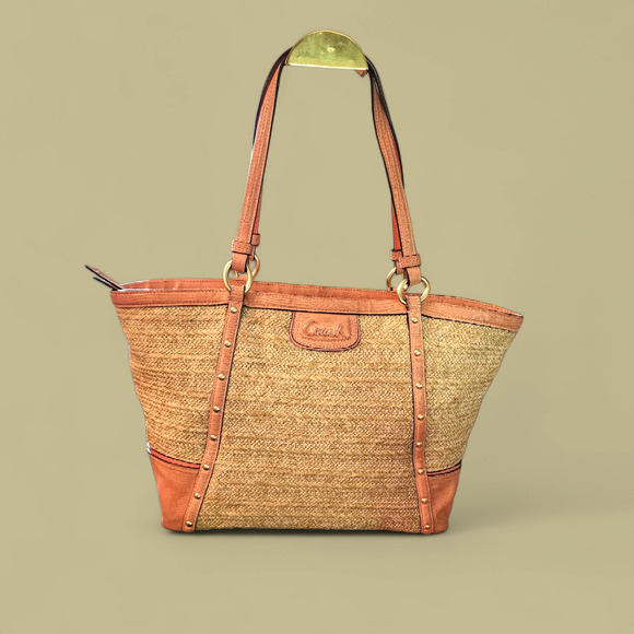 Rare Find Coach Alexandra coral straw studded tote shoulder handbag F21959 - Picture 1 of 8